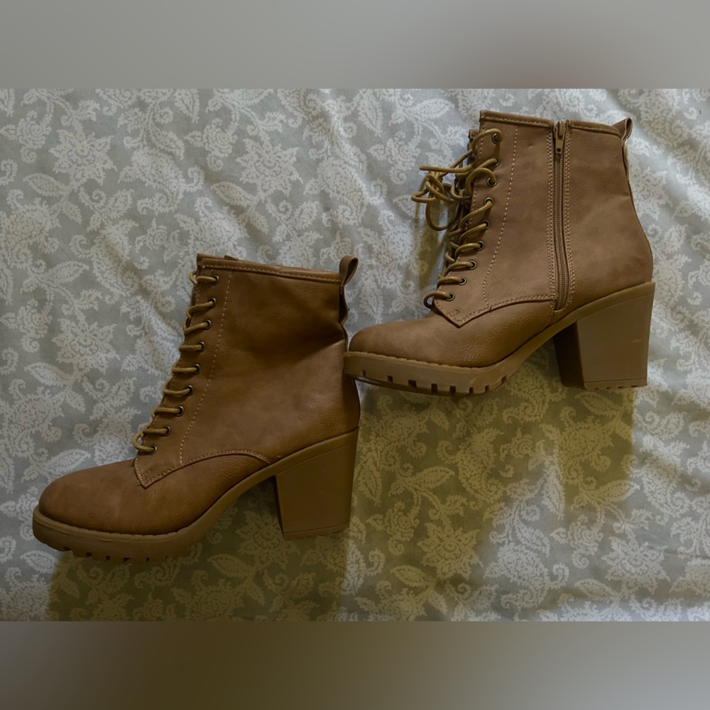 Faux Leather Tan Heeled Boots